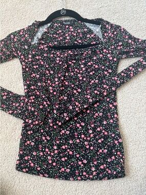 Michael Lauren Stretch Floral Black Wide Neck Ruched Top